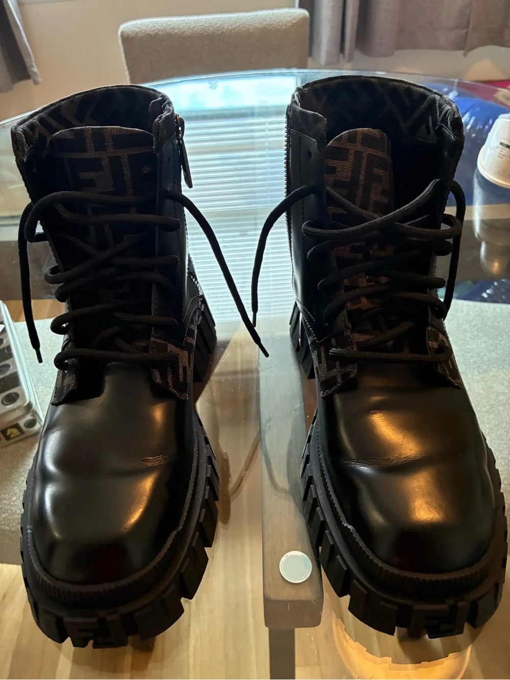 Fendi Black Leather Logo-Trim Combat Boots